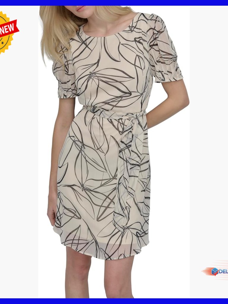 Short Sleeve Puff Sleeve Tie Waist Mini Dress Fit Flare Silhouette